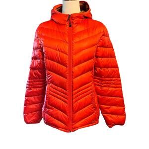 Xersion Jacket Womens  Orange Hooded Puffer Pockets Packable Premium Down. Small